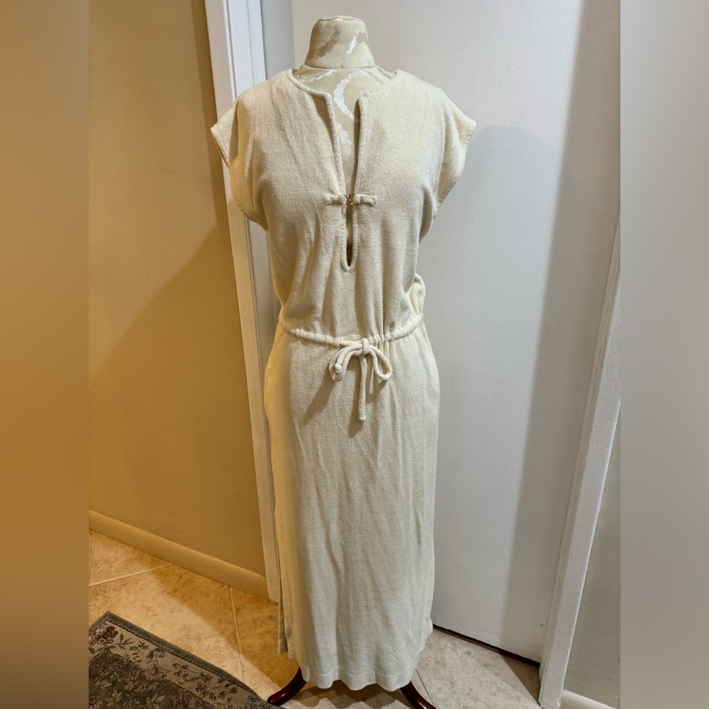 Christian Dior Vintage Terry Cloth Cream Deep V Pockets Cinch Slip On Loungewear